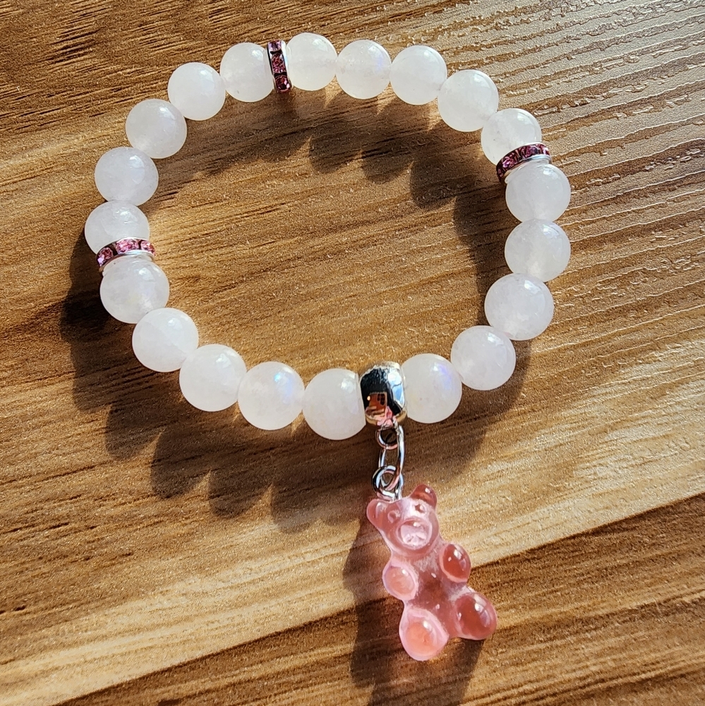 Mystic Moonstone Beaded Stretch Bracelet Pink Gummy Bear Charm Handmade